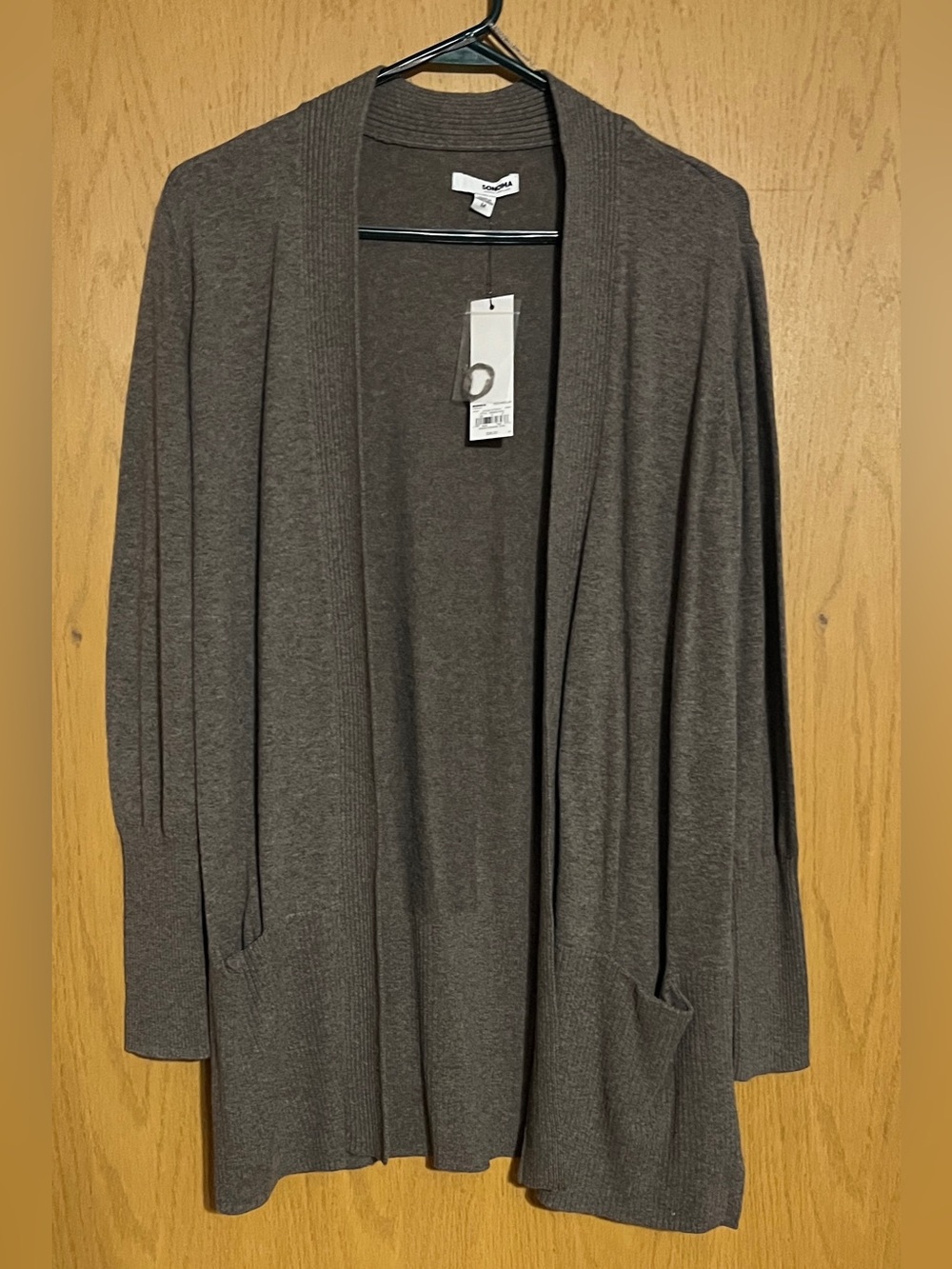 Sonoma Women's Open-Front Taupe Cardigan Sweater w/ pockets, size medium